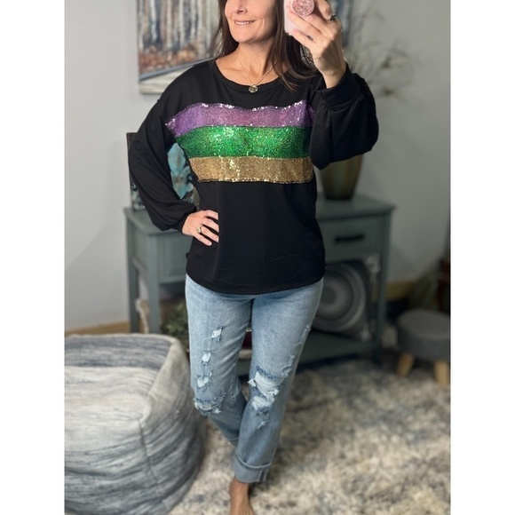 Mardi Gras Sequined Color Block French Terry Purple Green Gold Black 1123 - Picture 8 of 11